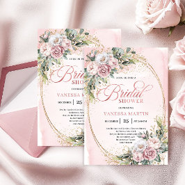 Chic Powder Pink Floral Eucalyptus Bridal Shower Inbjudningar