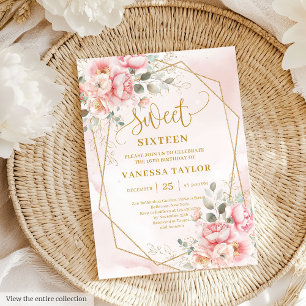 Chic Powder Rosa Guld Peonies Sweet 16:e inbjudan