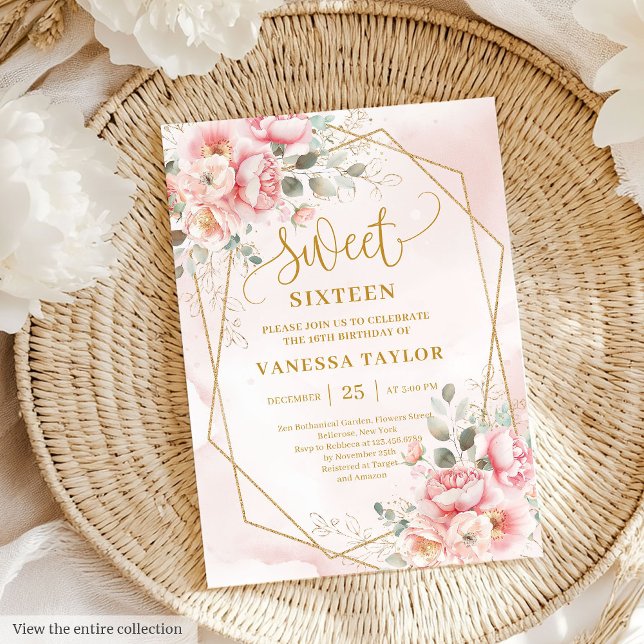 Chic Powder Rosa Guld Peonies Sweet 16:e inbjudan (Chic Powder Pink Gold Peonies Sweet 16 Invitation)
