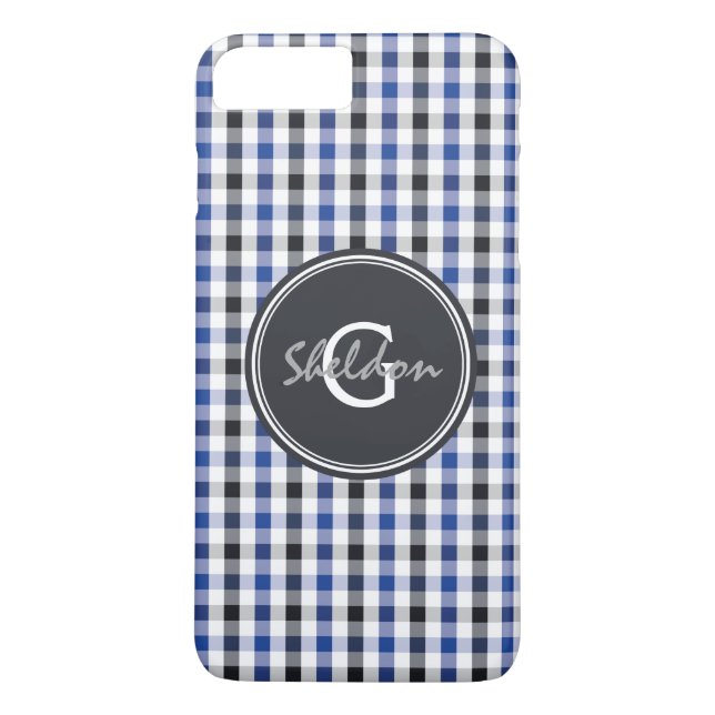 chic preppy blå svart rutigt mönster monogram Case-Mate iPhone skal (Baksida)
