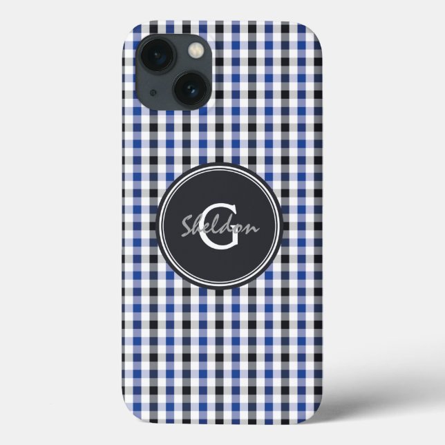 chic preppy blue black gingham mönster monogram (Baksida)