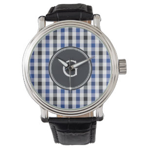 chic preppy blue black gingham mönster monogram armbandsur