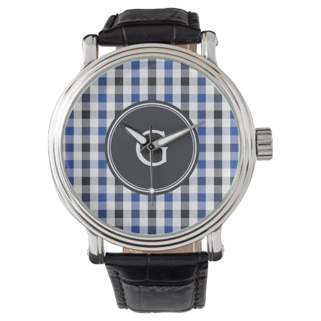 chic preppy blue black gingham mönster monogram armbandsur (Framsida)
