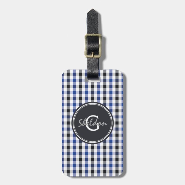 chic preppy blue black gingham mönster monogram bagagebricka (Vertikal Framsida)