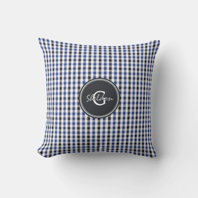chic preppy blue black gingham mönster monogram kudde (Framsida)