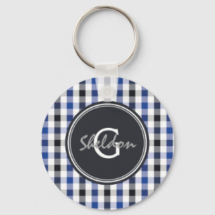 chic preppy blue black gingham mönster monogram nyckelring
