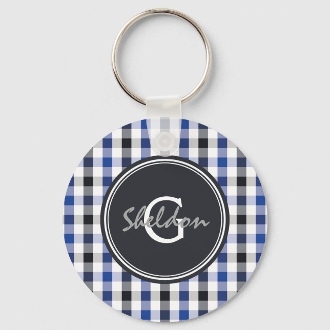 chic preppy blue black gingham mönster monogram nyckelring (Framsida)