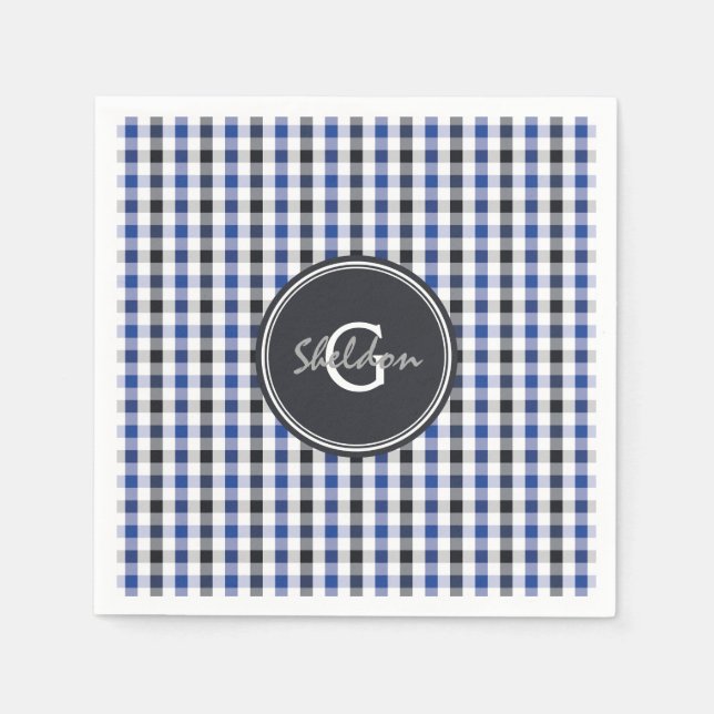 chic preppy blue black gingham mönster monogram pappersservett (Framsidan)