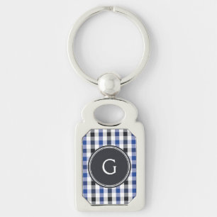 chic preppy blue black gingham mönster monogram rektangulärt silverfärgad nyckelring