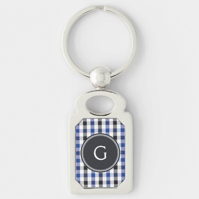 chic preppy blue black gingham mönster monogram rektangulärt silverfärgad nyckelring (Framsidan)