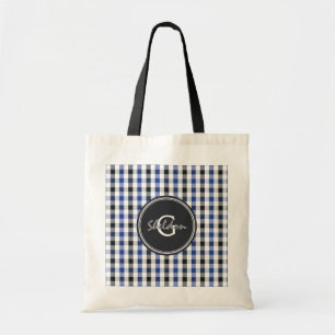 chic preppy blue black gingham mönster monogram tygkasse