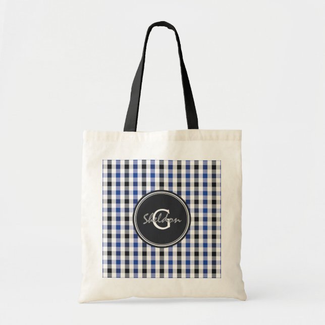chic preppy blue black gingham mönster monogram tygkasse (Framsidan)