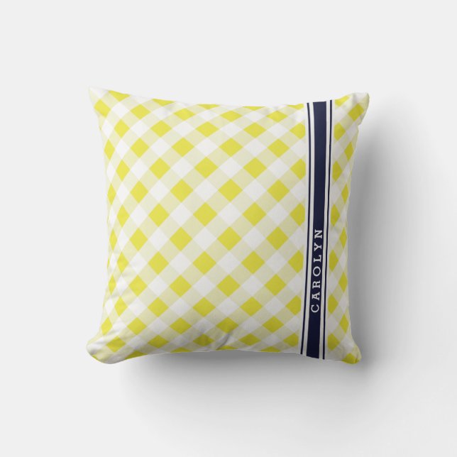 chic preppy gult navy gingham mönster monogram kudde (Framsida)