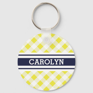 chic preppy gult navy gingham mönster monogram nyckelring