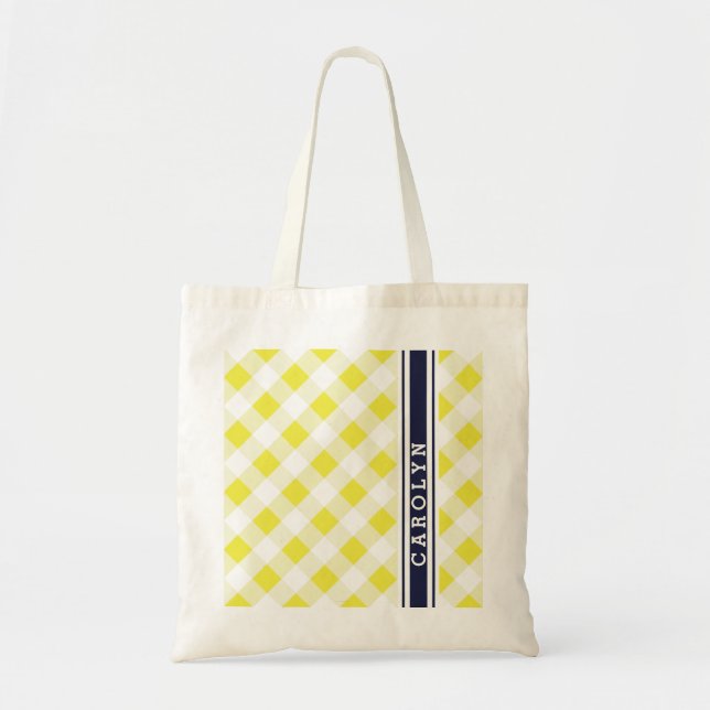 chic preppy gult navy gingham mönster monogram tygkasse (Framsidan)