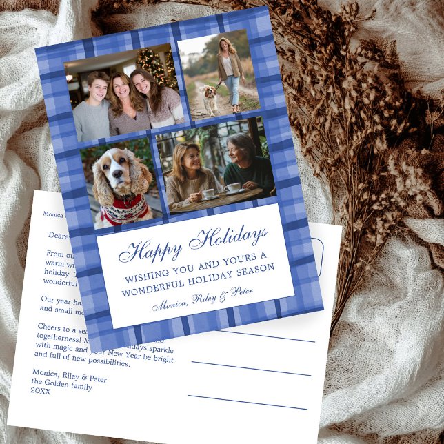 Chic Preppy Play Hanukkah Anpassningsbar 4 Photo C Helg Vykort (Chic Elegant Preppy Plaid Blue Hanukkah Custom 4 Photo Collage Holiday Postcard
)