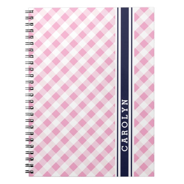 chic preppy rosa navy gingham mönster monogram anteckningsbok (Framsidan)
