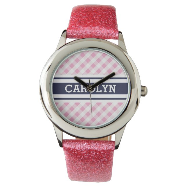chic preppy rosa navy gingham mönster monogram armbandsur (Framsida)