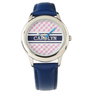 chic preppy rosa navy gingham mönster monogram armbandsur