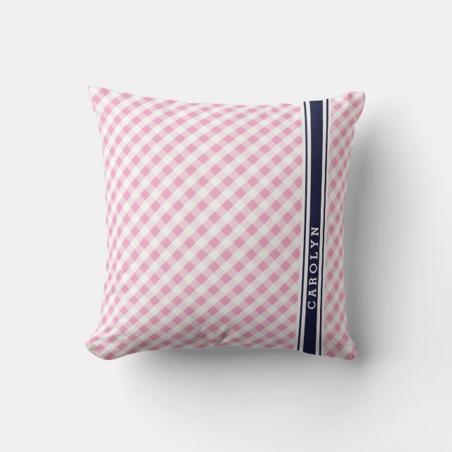 chic preppy rosa navy gingham mönster monogram kudde (Framsida)
