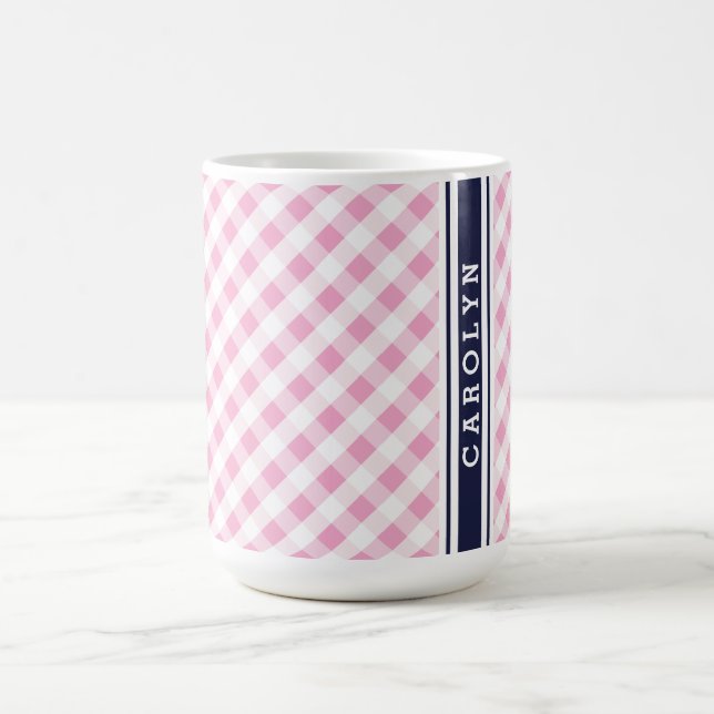 chic preppy rosa navy gingham mönster monogram mugg (Center)