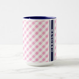 chic preppy rosa navy gingham mönster monogram mugg