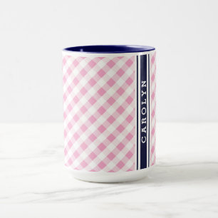 chic preppy rosa navy gingham mönster monogram mugg