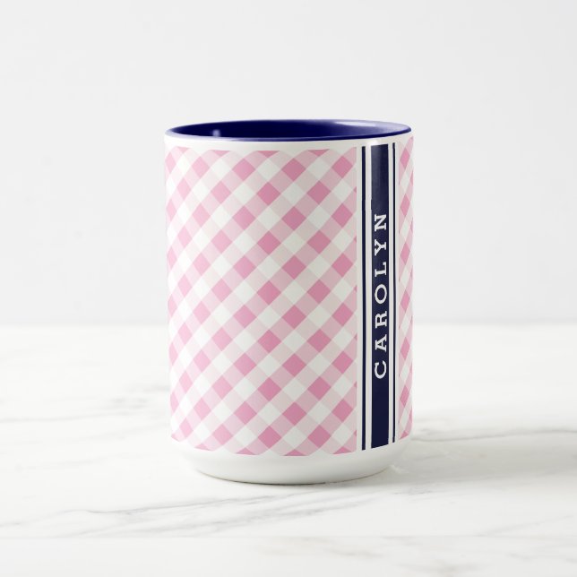 chic preppy rosa navy gingham mönster monogram mugg (Center)