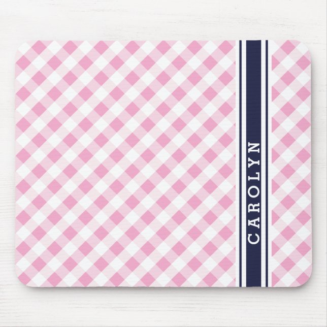 chic preppy rosa navy gingham mönster monogram musmatta (Framsidan)