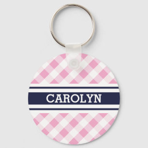 chic preppy rosa navy gingham mönster monogram nyckelring