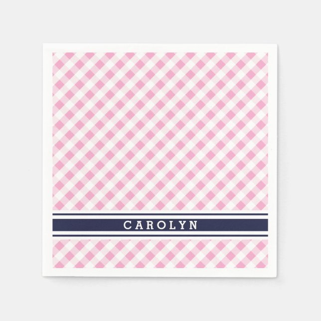 chic preppy rosa navy gingham mönster monogram pappersservett (Framsidan)