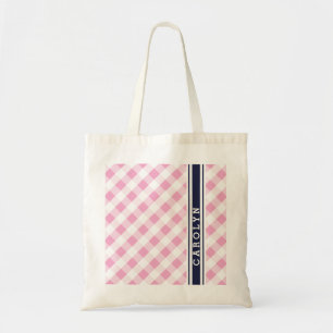 chic preppy rosa navy gingham mönster monogram tygkasse