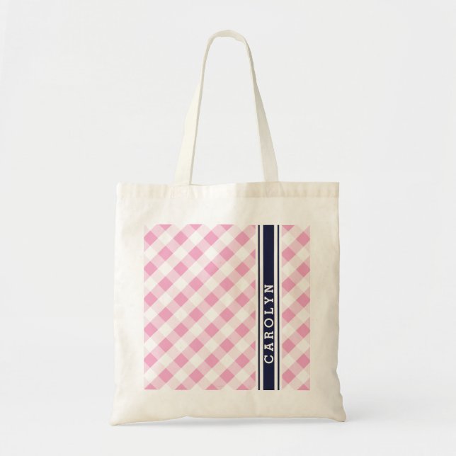 chic preppy rosa navy gingham mönster monogram tygkasse (Framsidan)