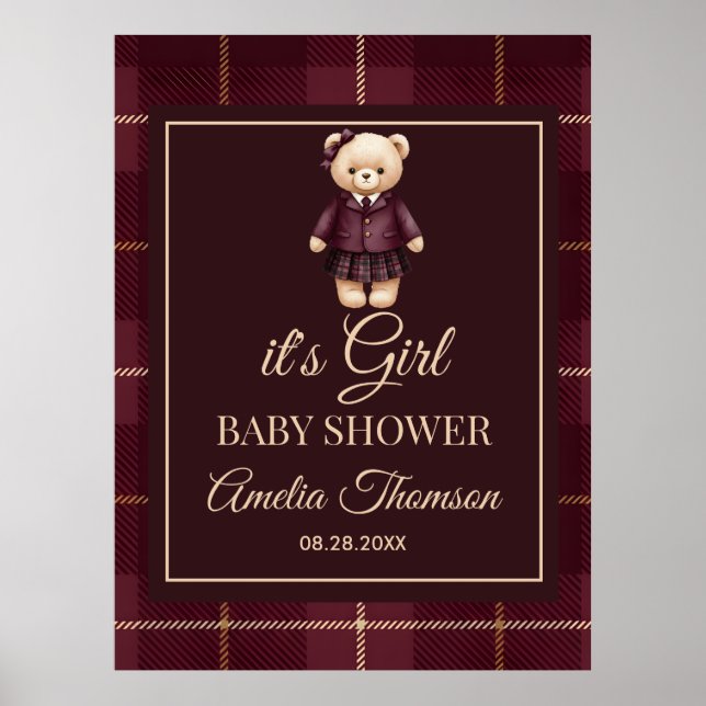 Chic Preppy Teddy Bear Baby Shower  Poster (Framsidan)