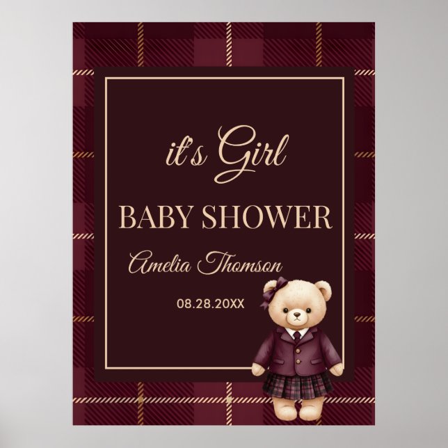 Chic Preppy Teddy Bear Baby Shower Poster (Framsidan)