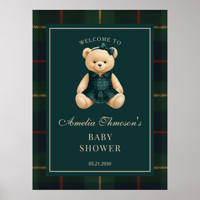 Chic Preppy Teddy Bear Baby Shower Welcome  Poster (Framsidan)