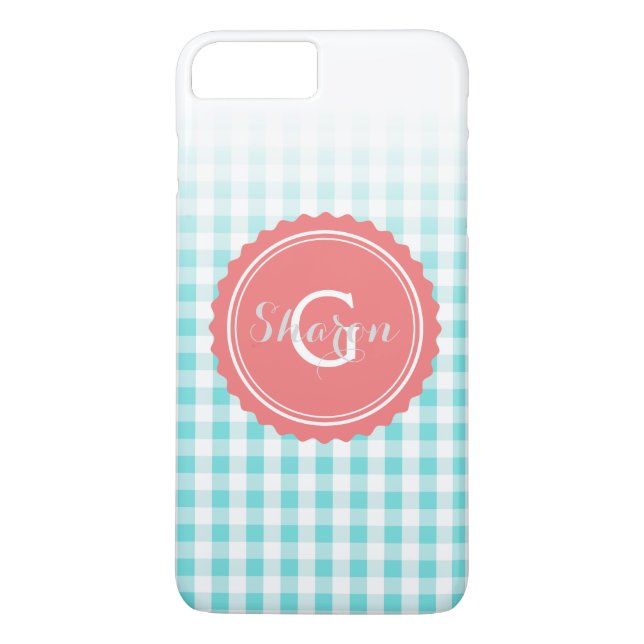 chic preppy turkos rutigt mönster monogram Case-Mate iPhone skal (Baksida)