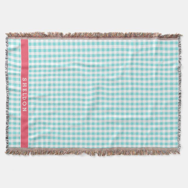 chic preppy turkos rutigt mönster monogram filt (Framsidan)