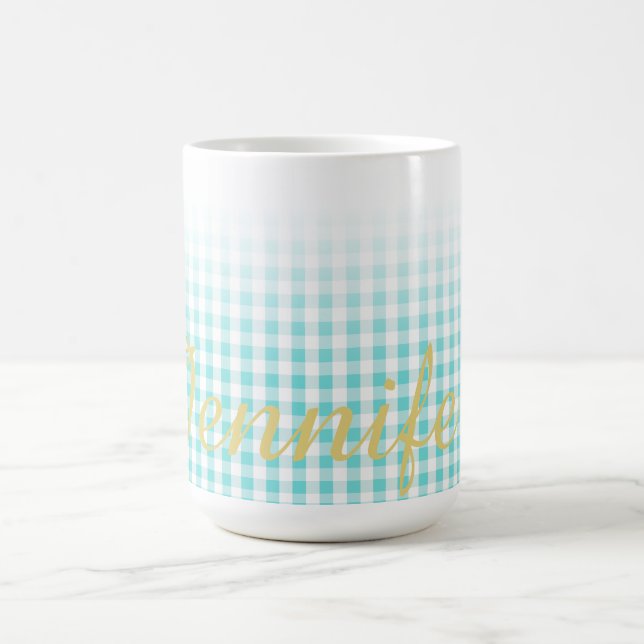 chic preppy turuqoise gingham mönster monogram mugg (Center)