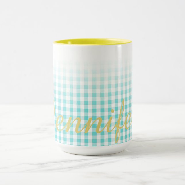 chic preppy turuqoise gingham mönster monogram mugg (Center)