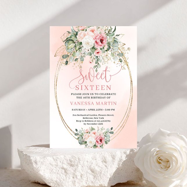 Chic Pretty Blush Rose Gold Glitter 16th Birthday Inbjudningar (Chic Pretty Blush Rose Gold Glitter 16th Birthday Invitation)