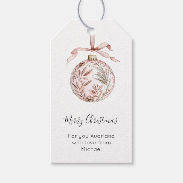 Chic Pretty Pink Bow Christmas Ornament  Presentetikett (Framsidan)
