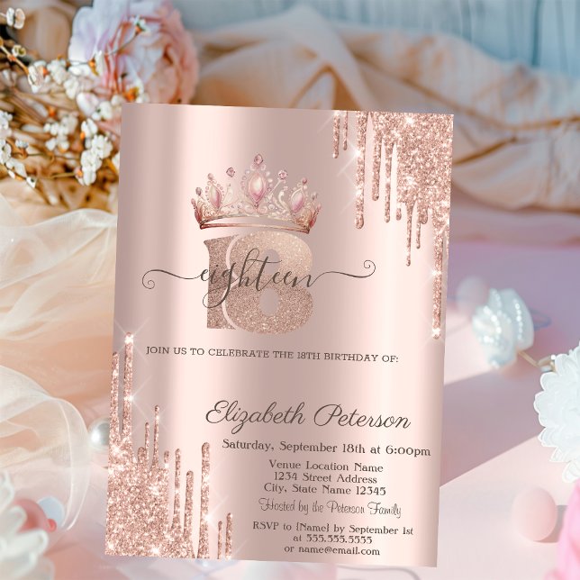 Chic Prinsessa Krona Glitterdroppar Roséguld 18-år Inbjudningar (Skapare uppladdad)