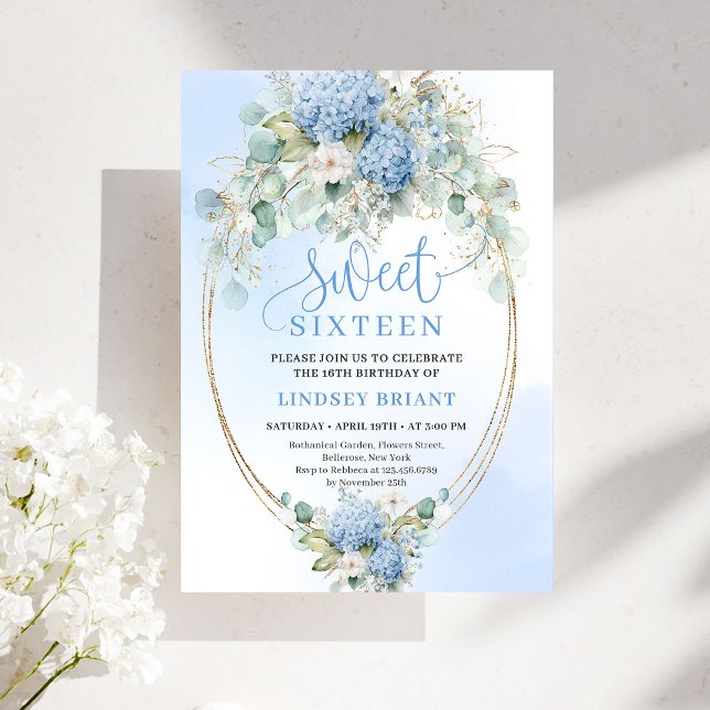 Chic Printable Blue Floral Gold Sweet 16 Birthday Inbjudningar (Printable Blue Floral Gold Sweet 16 Birthday Invite)