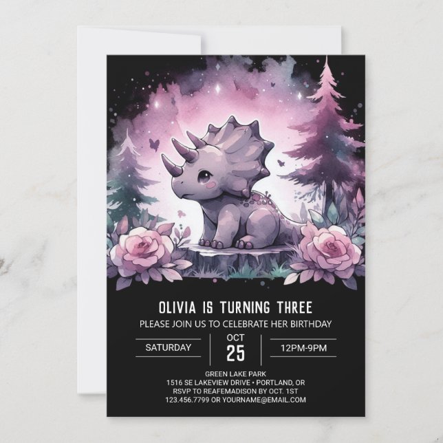 Chic Printable Triceratops Birthday Inbjudningar (Framsida)