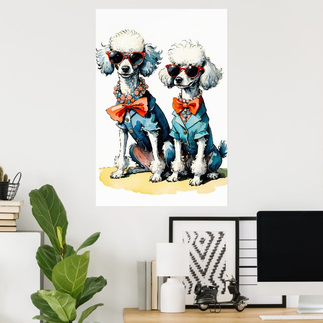 Chic Pudel Duo med sunglass & Gemstone Collars Poster (Hemmakontoret)