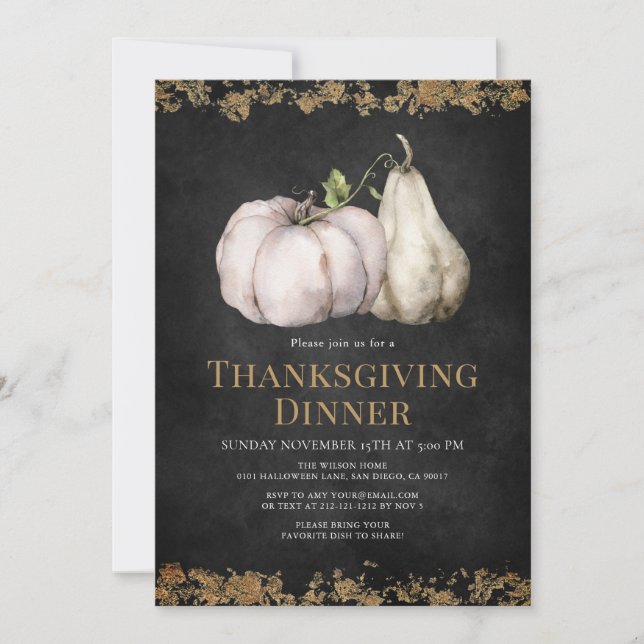 Chic Pumpkin Black & Guld Thanksgiving Dinner Inbjudningar (Framsida)