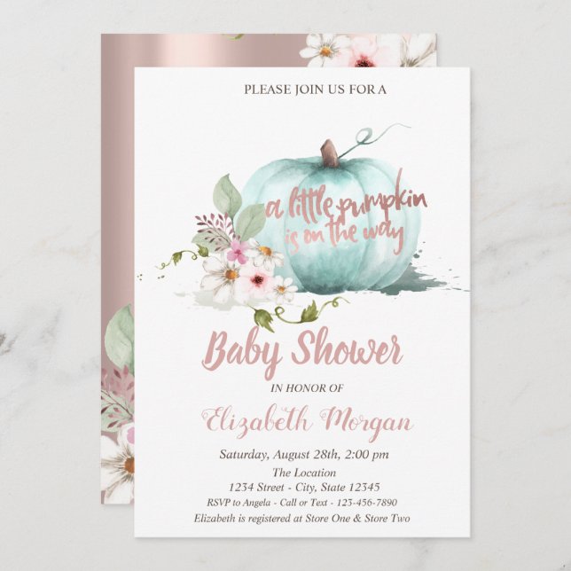 Chic Pumpkin,Blommor Ro Guld Baby Shower Inbjudningar (Fram/baksida)