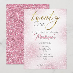 Chic Pure Rosa Glitter och Guld 21:a Inbjudningar