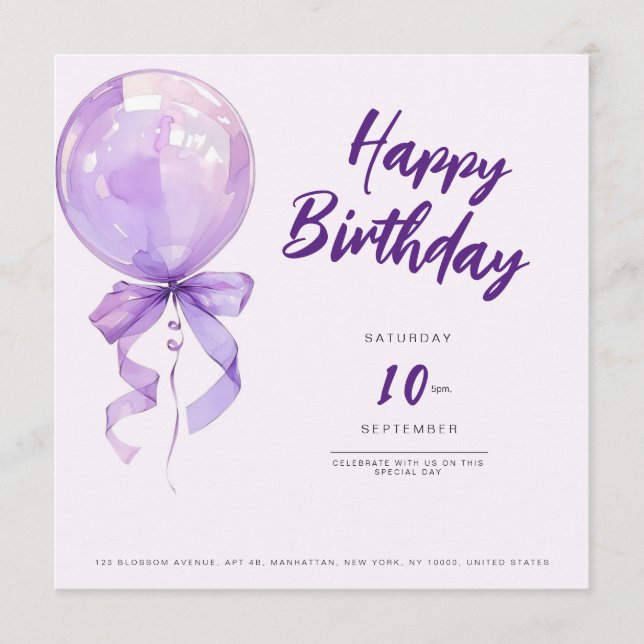 chic Purple balloons birthday invitation Inbjudningar (Framsida)